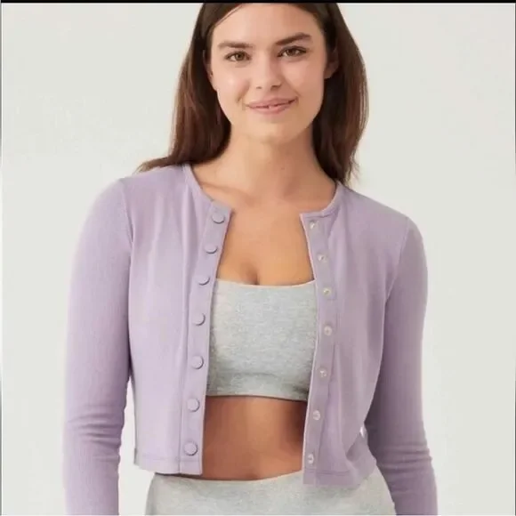 Outdoor Voices, CozyRib Cropped Cardigan, Earl Grey, Size Small - Picture 2 of 7